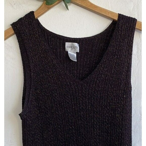 COPY - Chico's Ribbed Tank Top Size 3/XL Black Gold Metallic V-Neck Sweater - Picture 2 of 8